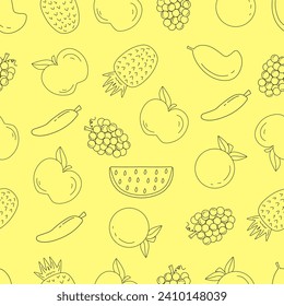 Seamless pattern of tropical fruit thin line such grape, watermelon, apple, orange, banana, mango and pineapple. Perfect for textile design, wrapping, etc. 