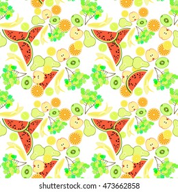 seamless pattern of tropical fruit watermelon, orange, kiwi, grapes, banana, pear vector illustration