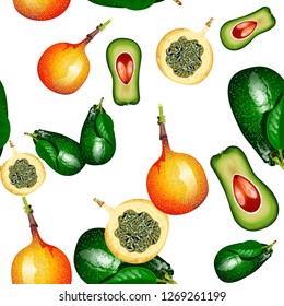 Seamless pattern with tropical fruits. Pattern with avocado and Granadillas.
