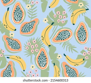 Seamless pattern with tropical fruits. Background with bananas, papaya and flowers.