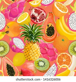 Seamless pattern with tropical fruits. Banana, Orange, Lemon, Pineapple, Dragon fruit background for textile, fashion texture, wallpaper in vector