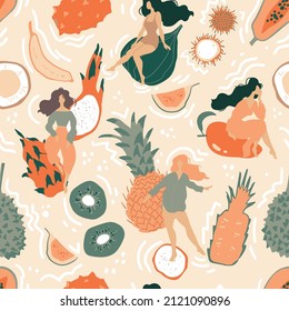 Seamless pattern with tropical fruits and beautiful women. Jungle spirit. Ideal for wallpaper or wrapping paper.