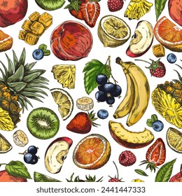 Patrón sin fisuras con frutas tropicales y bosquejo de bayas. Jugosa naranja, manzana, plátanos, fresas de piña, frambuesas dibujado a mano vector diseño. Alimento vitamínico natural saludable