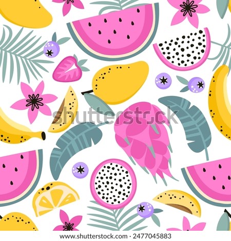 Seamless pattern with tropical fruits. Design for wrapping paper, textiles, cards. Vector illustration