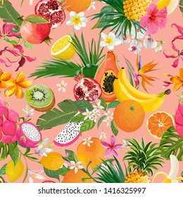 Seamless pattern with tropical fruits and flowers. Banana, Orange, Lemon, Pineapple, Dragon fruit background for textile, fashion texture, wallpaper in vector