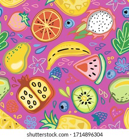 Seamless pattern with tropical fruits, flowers. Doodle style, cartoon. On colorful background.