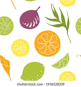 Seamless pattern with tropical fruits, flowers and leaves: lemon, orange, lime etc. Colorful cartoon collection of exotic fruits isolated on white background. Doodle hand drawn vector illustration