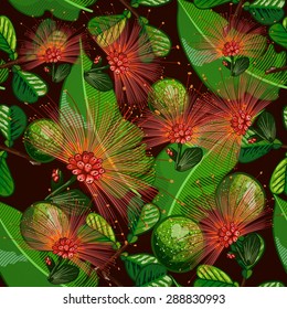  	
seamless pattern with tropical fruits and flowers