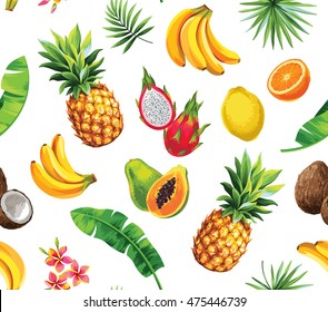 Seamless pattern with tropical fruits, flowers and leaves. Vector illustration.