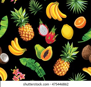 Seamless pattern with tropical fruits, flowers and leaves. Vector illustration.