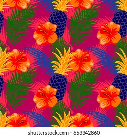 Seamless pattern with tropical fruits, flowers and palm leaves. Tropic background with neon colors