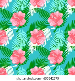 Seamless pattern with tropical fruits, flowers and palm leaves.