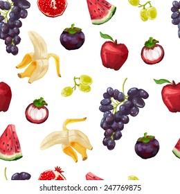 Seamless pattern with tropical fruits and grapes. Watercolor style. vector.