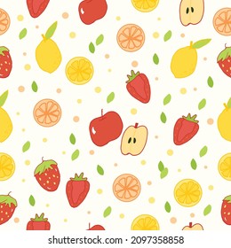 seamless pattern with tropical fruits with green leaf. orange slice, lemon, and strawberry illustration. hand drawn vector. doodle art for wallpaper, wrapping paper and gift, backdrop, fabric, textile