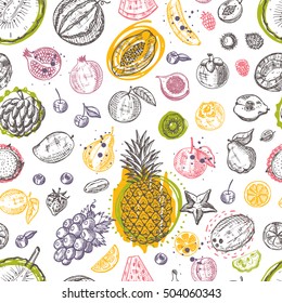 Seamless pattern with tropical fruits. Hand drawn vector illustration. Can be used for poster, fabric, wrapping paper, banner, scrapbooking and other design. Carambola, lychee, kiwi, papaya and other.