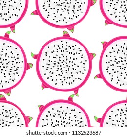 Seamless pattern with tropical fruits. Healthy dessert. Fruity background. Dragon fruit or pitaya. Exotic food. Wrapping, print on clothes, wallpaper, summer banner. Vector illustration, eps10