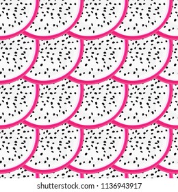 Seamless pattern with tropical fruits. Healthy dessert. Fruity background. Dragon fruit or pitaya. Exotic food. Wrapping, print on clothes, wallpaper, summer banner. Vector illustration, eps10