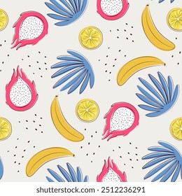 Patrón transparente con frutas tropicales y hojas