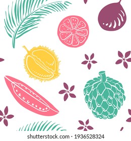 Seamless pattern with tropical fruits, leaves, flowers. Colorful cartoon collection of exotic fruits isolated on white background. Doodle hand drawn vector illustration