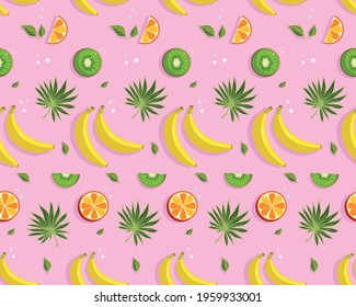 seamless pattern with tropical fruits, leaves and flowers, bananas, orange and kiwi, bright, colorful background for summer design, stylized vector graphics