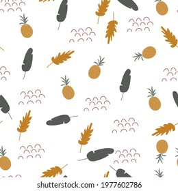 
seamless pattern with tropical fruits and leaves on a light background. print for packaging design, fabric, wallpaper