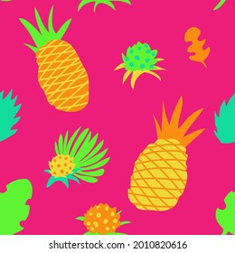 Seamless pattern with tropical fruits, leaves and pineapples on a pink background. Summer illustration for design, t-shirts, textiles, fabrics, patterns, wallpaper, background, banners, templates 