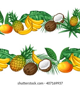 Seamless pattern with tropical fruits and leaves. Background made without clipping mask. Easy to use for backdrop, textile, wrapping paper.