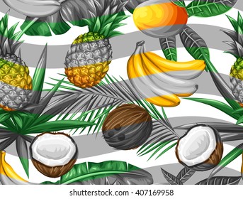 Seamless pattern with tropical fruits and leaves. Background made without clipping mask. Easy to use for backdrop, textile, wrapping paper.
