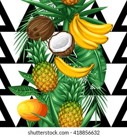 Seamless pattern with tropical fruits and leaves. Background made without clipping mask. Easy to use for backdrop, textile, wrapping paper.