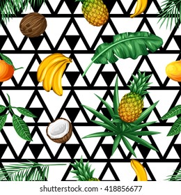 Seamless pattern with tropical fruits and leaves. Background made without clipping mask. Easy to use for backdrop, textile, wrapping paper.