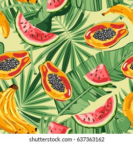 Seamless pattern with tropical fruits and leaves. Vector illustration.