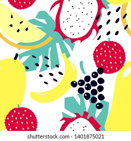 Seamless pattern with tropical fruits - mango, lichee, banana, grapes, dragon fruit, melon. Scandinavian cartoon style. 