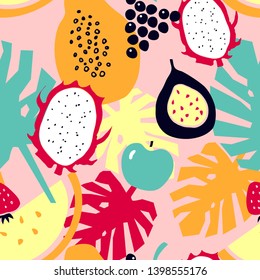 Seamless pattern with tropical fruits - melon; dragon fruit; papaya; strawberry; apple; grapes; passion fruit. Cartoon backdrop with fruits and monstera leaves. 