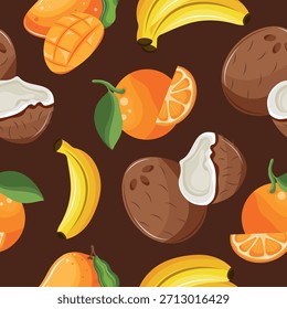 Patrón sin fisuras con frutas tropicales, a saber, plátanos, naranjas, mangos y cocos sobre un fondo marrón, para textiles, embalaje y diseño digital
