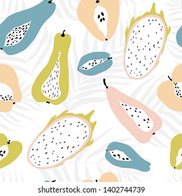 Seamless pattern with tropical fruits on the background of palm leaves dypsis. Modern vector illustration in pastel colors. Ideal for wallpapers, textiles, wrapping paper, packaging, fabric and more