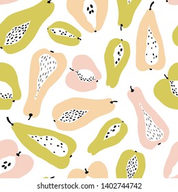 Seamless pattern with tropical fruits on a white background. Modern vector illustration in pastel colors. Ideal for wallpapers, textiles, wrapping paper, packaging, fabric and more