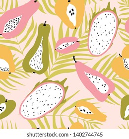 Seamless pattern with tropical fruits on the background of palm leaves dypsis. Modern vector illustration in pastel colors. Ideal for wallpapers, textiles, wrapping paper, packaging, fabric and more