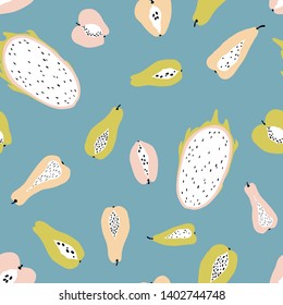 Seamless pattern with tropical fruits on blue background. Modern vector illustration in pastel colors. Ideal for wallpapers, textiles, wrapping paper, packaging, fabric and more