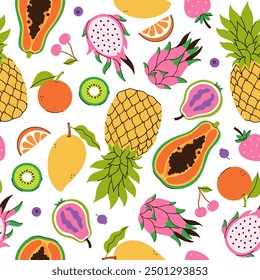 Seamless pattern with tropical fruits on a white background. Vector graphics.