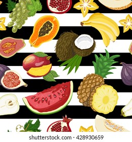 Seamless pattern with tropical fruits on a white and black background. Vector illustration for your design