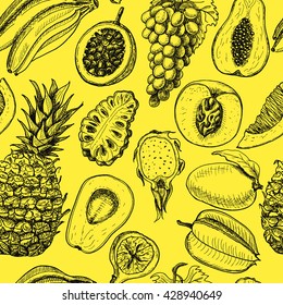 Seamless pattern with tropical fruits on a yellow background. Vector illustration for your design