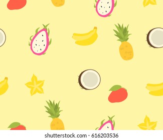 Seamless pattern of tropical fruits on a yellow background