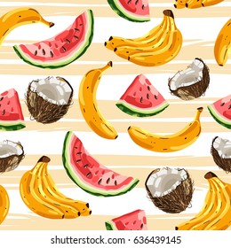 Seamless pattern with tropical fruits on striped background. Vector illustration.