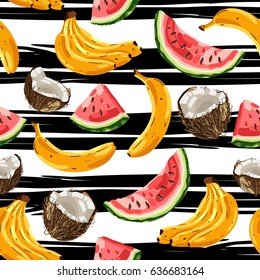 Seamless pattern with tropical fruits on striped background. Vector illustration.