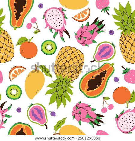 Seamless pattern with tropical fruits on a white background. Vector graphics.