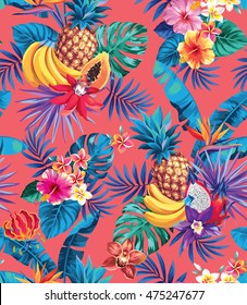 Seamless pattern with tropical fruits, palm leaves and flowers. Vector illustration.