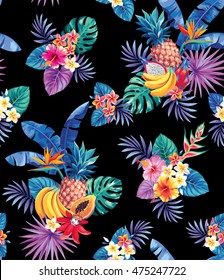 Seamless pattern with tropical fruits, palm leaves and flowers. Vector illustration.