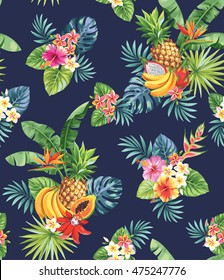 Seamless pattern with tropical fruits, palm leaves and flowers. Vector illustration.