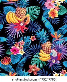 Seamless pattern with tropical fruits, palm leaves and flowers. Vector illustration.