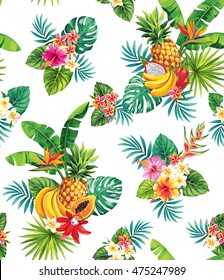 Seamless pattern with tropical fruits, palm leaves and flowers. Vector illustration.